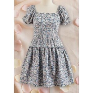 Japra Floral Puff Sleeve Square Neck Tiered Midi Dress Blue Pink Cotton M